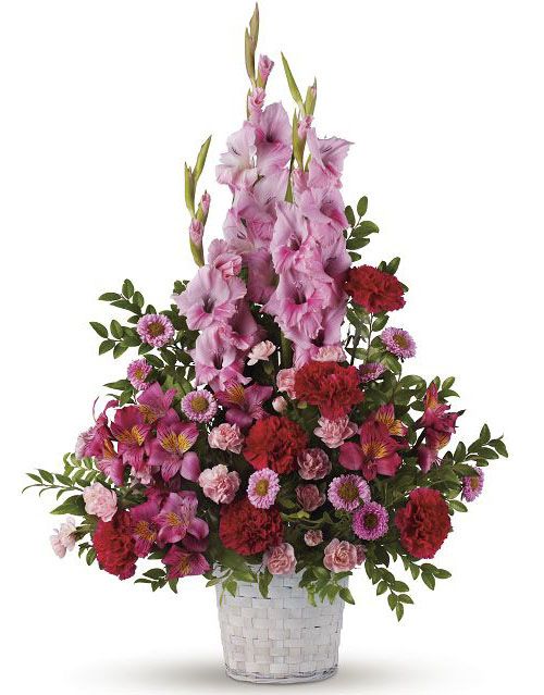 Heavenly Heights bouquet of assorted pinks and purples in white basket