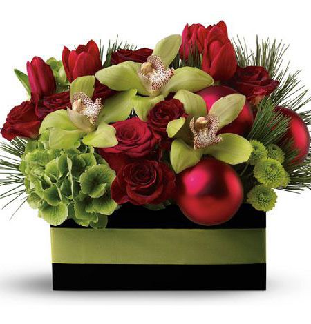 Holiday chic bouquet of roses and orchids in reds and lime greens