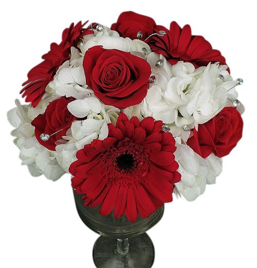 Red roses and red gerbera with pure white hydrangea in a clutch bouquet