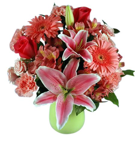 Assorted pink flowers in a wrapped bouquet