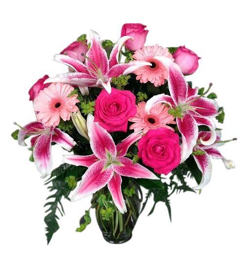 Pink elegance bouquet of assorted roses, gerbera daisies and iris in vase Small