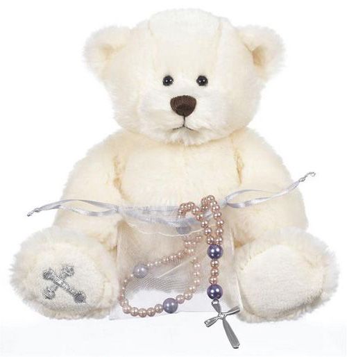 Rosary teddy bear with cross on foot and holding rosary