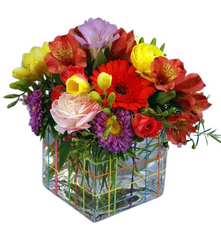 Cube glass vase with fresh flowers and rubber bands