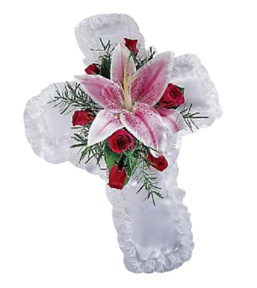 Funeral pillow cross with red and pink flowers for inside casket