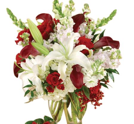 Holiday vase arrangement of assorted premium white and burgundy flowers