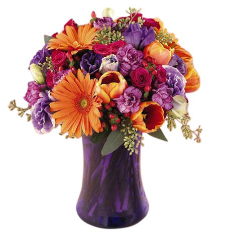 Something wonderful mixed flower arrangement in a purple glass vase