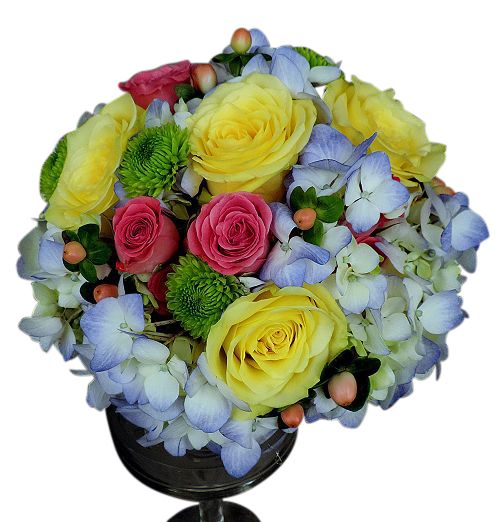 Clutch bouquet of Spring colored roses, spray roses and hydrangea