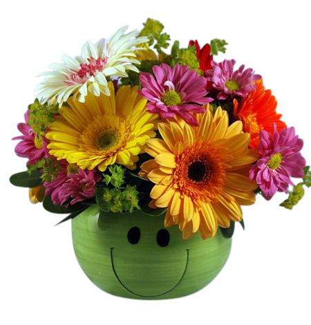 Summer smiles bouquet of gerbera daisies and daisy mums in a smiley face bowl