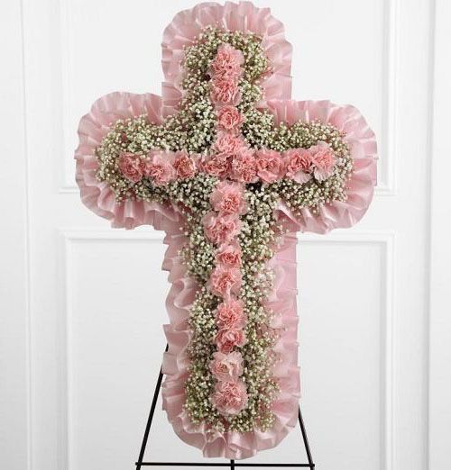Sweet blessed angel funeral flower cross for baby with pink and white flowers