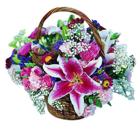 Pink and purple flowers in a basket