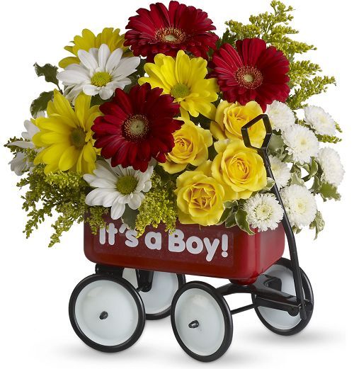 Teleflora Baby's Wow Wagon with yellow, red and white flowers for new baby Small