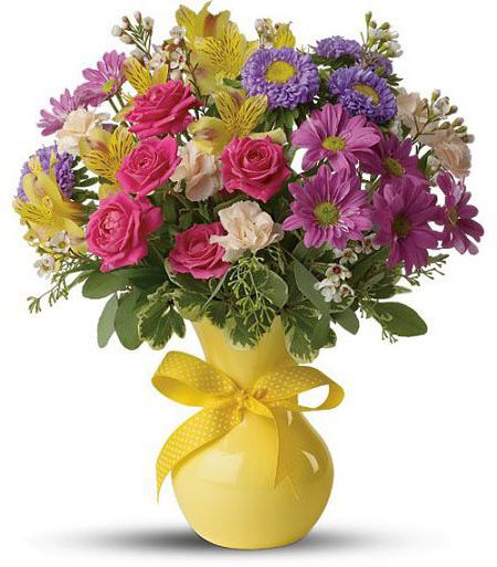 Teleflora color it happy vase arrangement with assorted pinks, purples and yellows