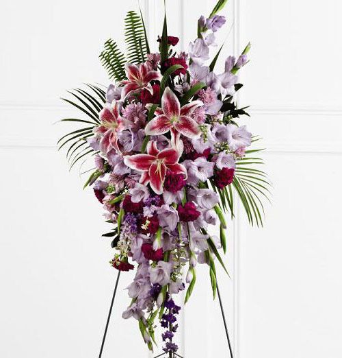 Tender touch funeral flower standing spray with purple gladiola, purple larkspur and stargazer lilies Small