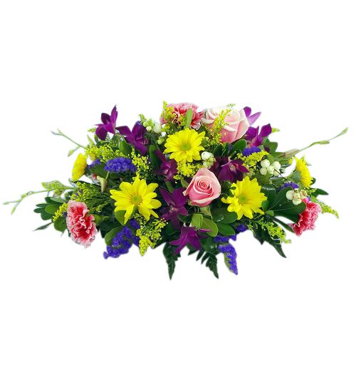 Traditional centerpiece of yellow, purple and pink flowers