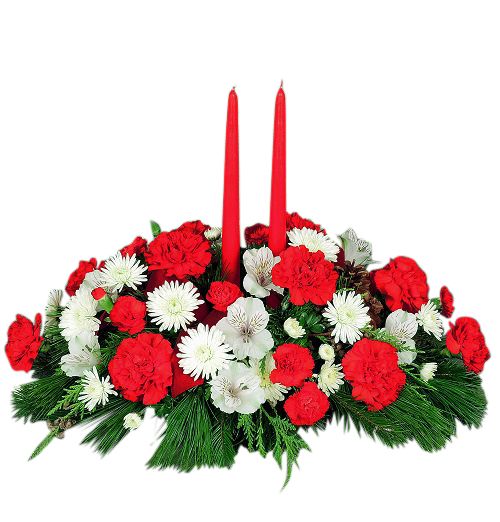 Traditional holiday centerpiece of red and white flowers with taper candles Large