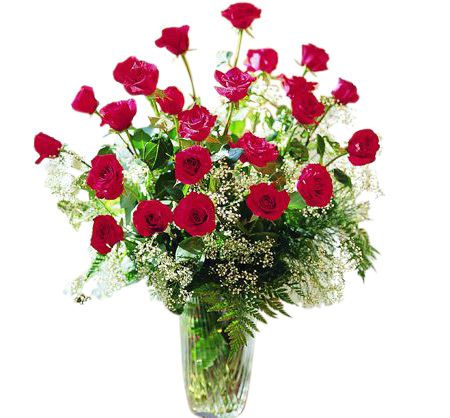 Two Dozen Roses Arranged in Vase with Filler and Greens