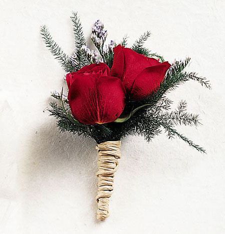 Double rose boutonniere with ribbon stem wrap