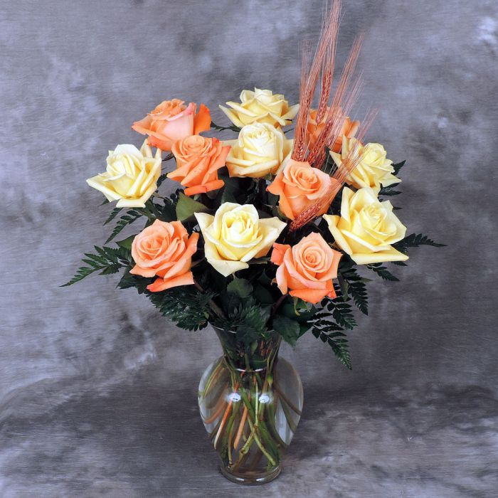 Autumn Rose Bouquet of yellow and orange roses with wheat accents Dozen