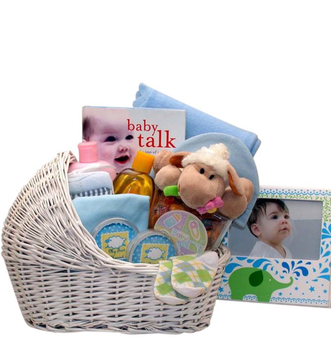 Baby Boy Bassinet Gift Basket of assorted new baby boy gifts
