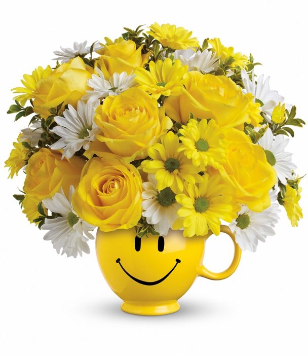 Teleflora Be Happy Yellow Smiley Face Mug with flowers Premium