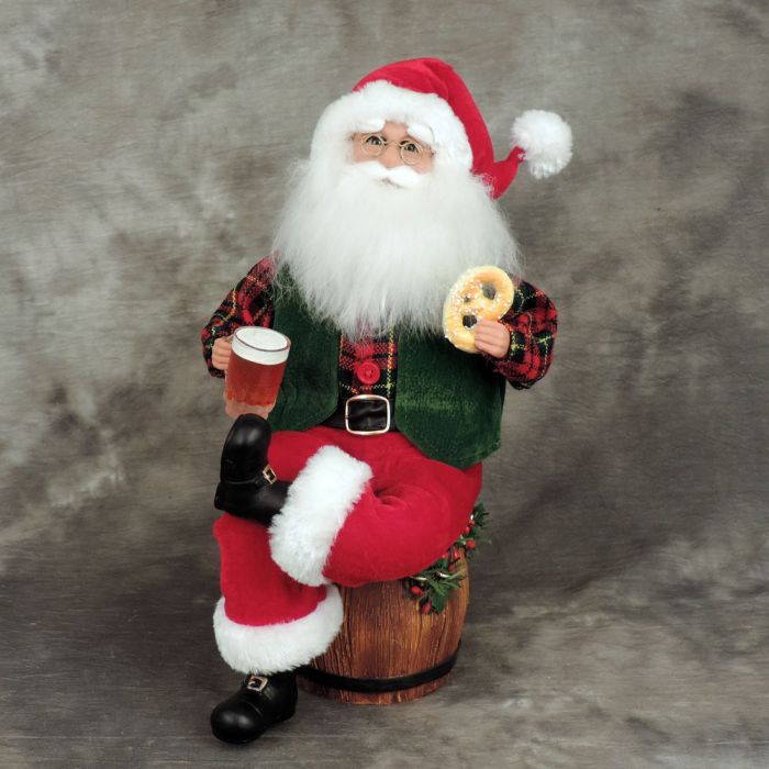 Beer Barrel Santa holding beer and pretzel