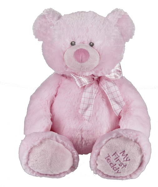 Pink teddy bear with pink bow, my first teddy