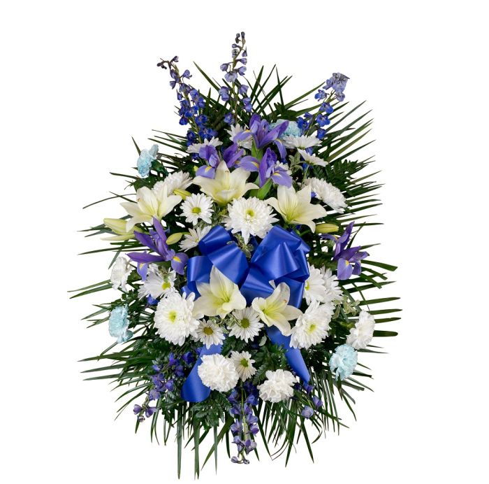 Blue and white funeral flower standing spray