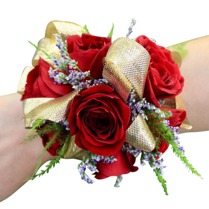 Deluxe red rose corsage with gold ribbon