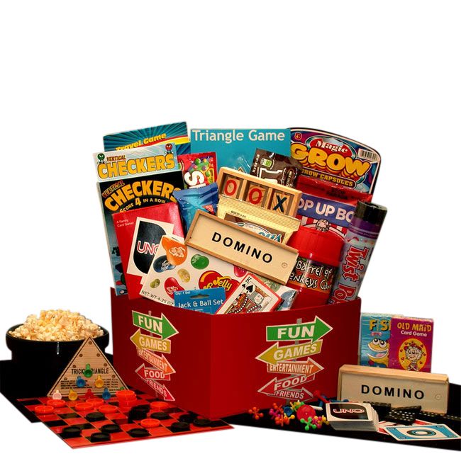 Gift basket of assorted games and playing cards