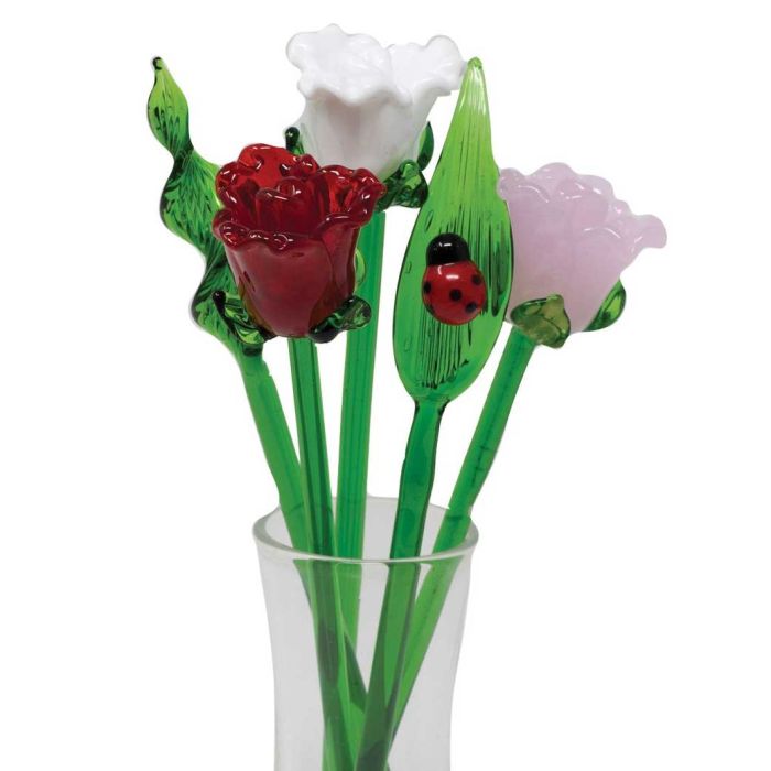 valentines mothers day! 6 Red Flowers Bouquet 6 Glass Roses with Green Leaves