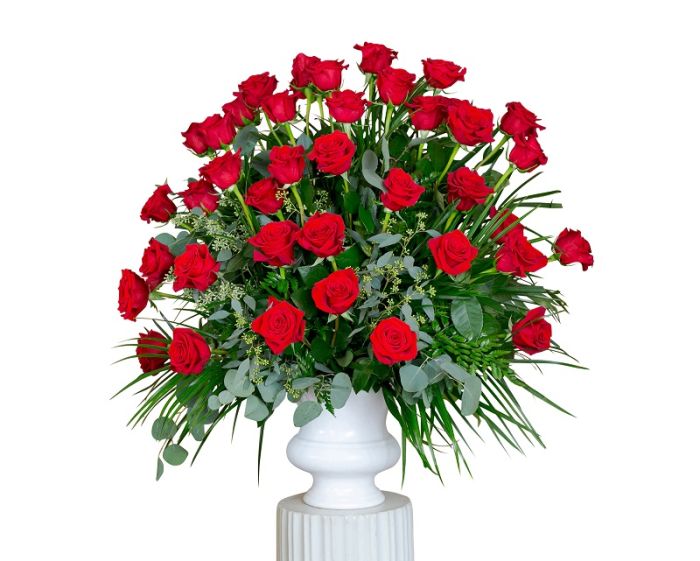 Soul's Splendor funeral flower arrangement of all red roses in a white urn