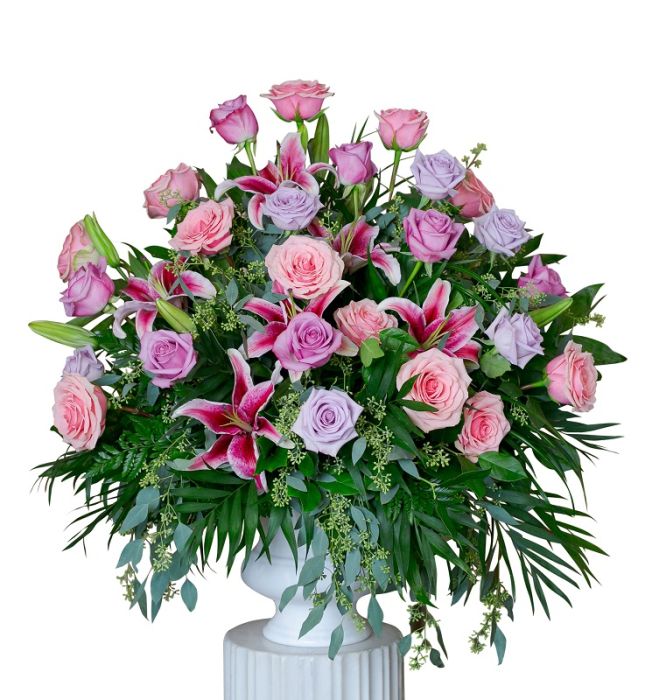 Roses and Lilies Funeral Basket in pink and white