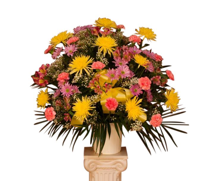 Mixed Flower Funeral Basket of yellow and pink flowers