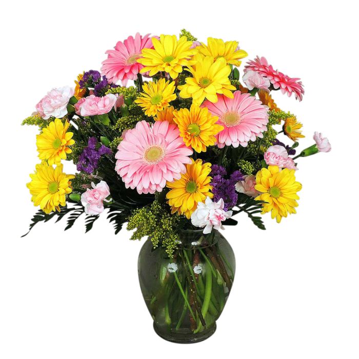 Pink and yellow daisies in vase with filler and greens Large