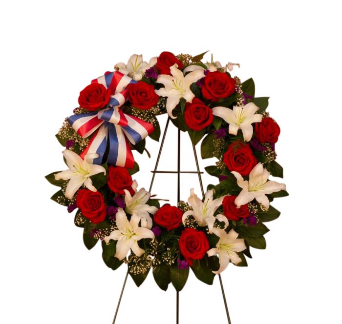 Red, white and blue patriotic funeral wreath