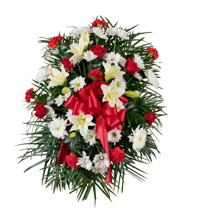 Red and white funeral flower standing spray
