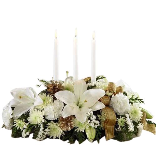 Seasons Glow Centerpiece of white flowers with gold accents