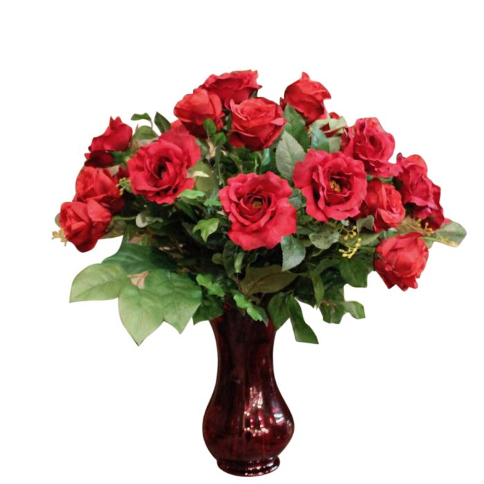 Silk red roses in red vase