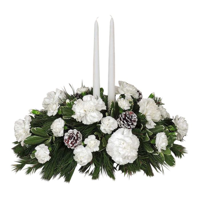 Snowy Winter centerpiece with 2 taper candles