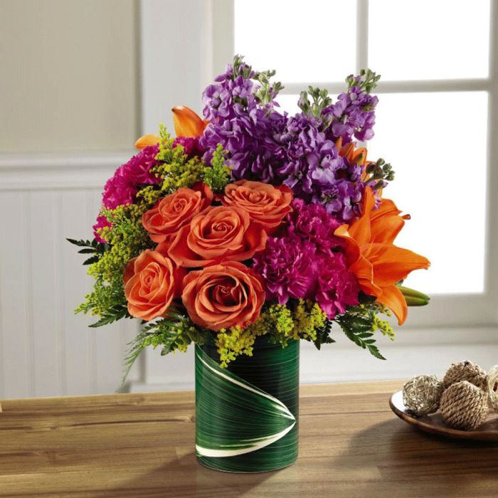 Sunset Sweetness Bouquet in leaf wrapped vase Extra Large
