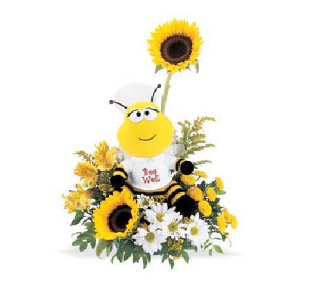 Teleflora Bee Well bouquet with yellow and white flowers and bee plush