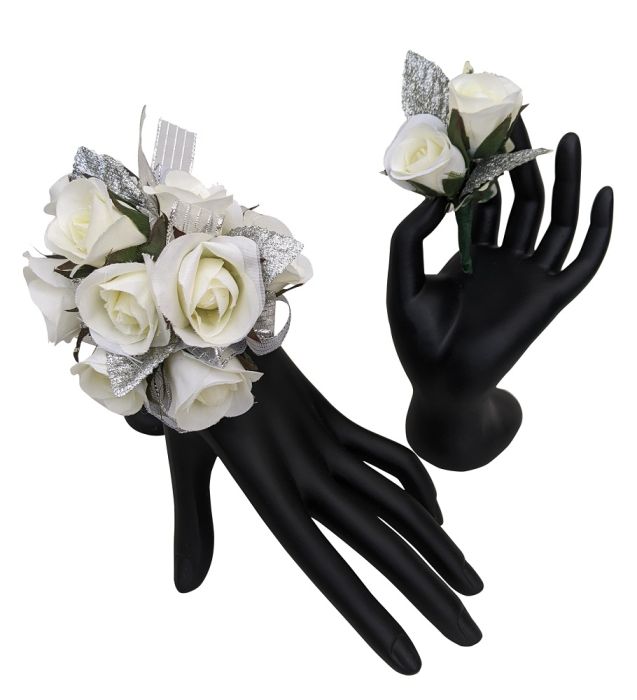 White and Silver Silk Flower Prom Combo